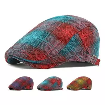 Весна Осень Цветной Клетчатый Берет Женская Британская Винтажная Кепка Хлопок Мужская Форвард Кепка Кепка с Фуражкой красный/синий