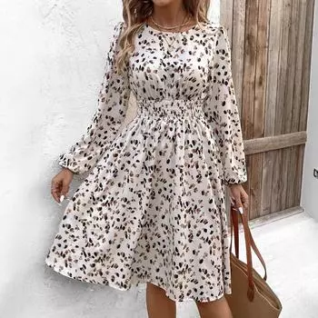 Весна осень Цветочный принт Bohe Beach Party Bodycon Dress Женские мини-платья Повседневные Длинные рукава Тонкие О-образные вырезы Эластичная талия Женские S