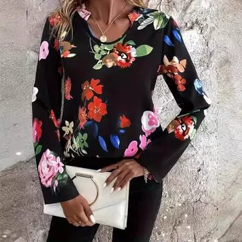 Весна Осень цветочный принт тонкий женский топ V-образный вырез женские blusas mujer модные свободные женские элегантные блузки с длинным рукавом черная рубашка S