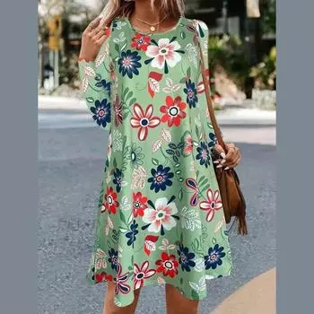 Весна-Осень Цветочный Принт Женское Длинный Рукав Круглый Воротник Цельное Платье S