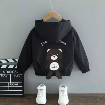 Весна Осень Детская Куртка Для Мальчиков Мультяшный Медведь Капюшон Ветровка Пальто Верхняя Одежда Детская Одежда 130cm чёрный