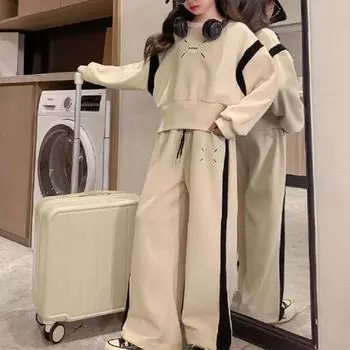 Весна Осень Детская Одежда Костюм Для Девочек Длинный Рукав Лоскутный Узор Толстовки Широкие Штаны Комплект Из 2 Частей 170 чёрный