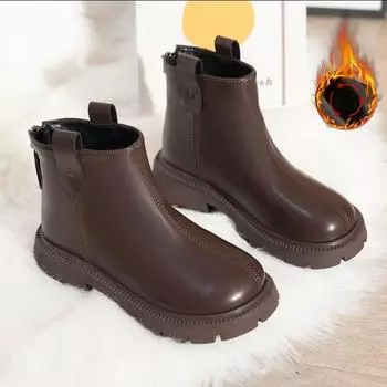 Весна Осень Детские Ботинки Принцессы для Детей Нескользящая Уличная Обувь Для Девочек Кожаные Короткие Походные Ботинки Студенческая Обувь 30 чёрный