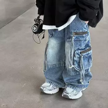 Весна Осень Детские Джинсовые Брюки Карго Джинсы Мальчик Повседневные Красивые Длинные Брюки Карманы 150cm синий