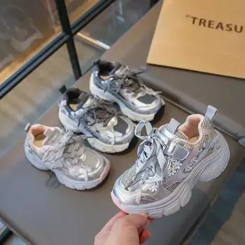 Весна Осень Детские Кроссовки Толстые Нескользящие Девочки Школьные Кроссовки Модные Универсальные Детские Повседневные Баскетбольные Кроссовки Новые 26 серый