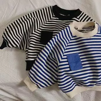 Весна Осень Детские Толстовки Вышитые Буквы Патчи Для Мальчиков Эластичный Подол Полосатый Стильный Маленький Мальчик Пуловер 130cm чёрный