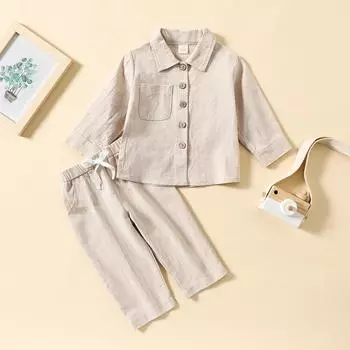 Весна-Осень, детский симпатичный комплект одежды для мальчиков, однотонная рубашка с длинным рукавом, застегивающаяся на пуговицы, воротником-стойкой, топы и эластичные повседневные брюки на шнурке 100cm синий