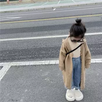 Весна Осень Детский свитер Детская одежда для девочек Длинное вязаное шерстяное пальто с капюшоном Кардиган Пальто 140cm серый