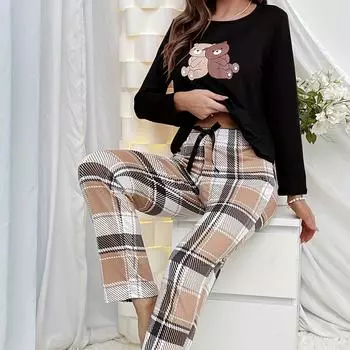 Весна Осень Девочки Длинные Рукава Брюки Комплект Повседневный Свободный Забавный Графический Рисунок Медведя Мультфильма Печать Пижамы Женщин Комплект Пижамы Для Рождественских Подарков S