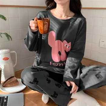 Весна Осень Девочки Длинные Рукава Брюки Комплект Корейская Версия Хлопок Раздел Повседневный Печать Пижамы Женщин Комплект Пижамы Y2K M