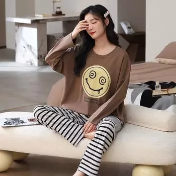 Весна Осень Девочки Длинные Рукава Брюки Комплект Корейская Версия Раздел Повседневный Смешной Графический Принт Пижамы Женщин Комплект Пижамы M