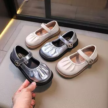 Весна Осень Девочки Плоские Туфли Складные Детские Кожаные Туфли Школьные Однотонные Повседневные Детские Туфли Принцессы Модные Универсальные Новые 23 серебряный
