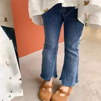Весна Осень Девочки Повседневные Джинсовые Расклешенные Брюки Детские Высокоэластичные Верхние Брюки Универсальные Узкие Джинсы Для Девочек 140cm синий