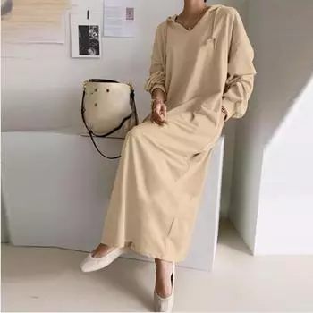 Весна-Осень, длинное платье больших размеров, женское платье с капюшоном, новая мода, платье-свитер макси, женское свободное платье с длинным рукавом, элегантные однотонные повседневные платья 963 S серый