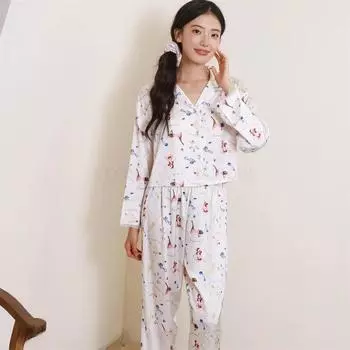 Весна Осень Длинные Рукава Брюки Пижамный Костюм Милый Цветочный Принт Женский Пижамный Комплект Пижамы Повседневная Атласная Домашняя Одежда Одежда Для Отдыха M