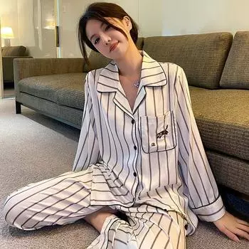 Весна Осень Длинные Рукава Брюки Пижамный Костюм Женщин Свободный Повседневный Шелковый Атлас Домашняя Одежда 2 ШТ. Пижамный Комплект Ночная Одежда Для Дома M