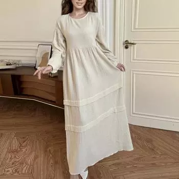 Весна Осень Длинные рукава Длинные платья Женские Макси Платья Мусульманские Повседневные Вечерние Платья Дубай Турция Женская Одежда S бежевый