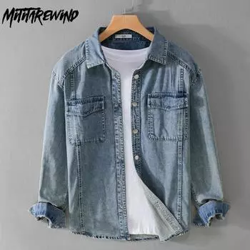 Весна-осень, длинные рукава джинсовых рубашек для мужчин, американская мотоциклетная винтажная синяя джинсовая рубашка, повседневная, красивая, уличная, мужские топы M синий
