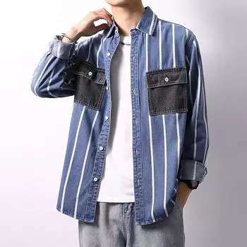 Весна Осень Длинные рукава джинсовые рубашки Мужские полосатые пальто с шитьем Мужские свободные карманы Повседневная рубашка XL темно-синий