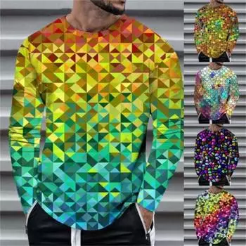 Весна Осень Длинные рукава Мужские 3D Футболки Arnival Блестки Уличный Узор Печать Мужские Топы 4XL Плюс Размер Свободные Повседневные Футболки S