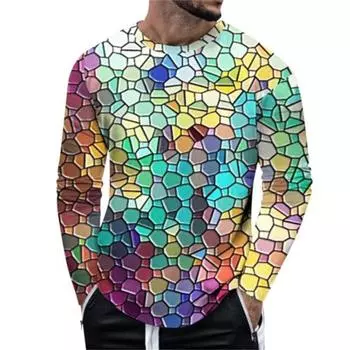 Весна Осень Длинные рукава Мужские 3D Футболки Arnival Блестки Уличный Узор Печать Мужские Топы 4XL Плюс Размер Свободные Повседневные Футболки S