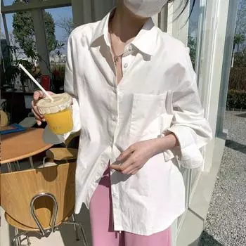 Весна Осень Длинные рукава Повседневные Белые Рубашки Женская Мода Однотонный Отложной Воротник Элегантный Свободный Блузка Женская Простая Застежка На Пуговицах Офисная Женская Рубашка 25417 One Size белый