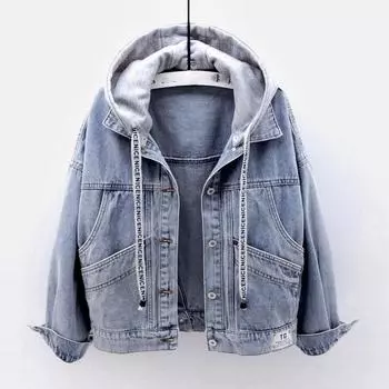 Весна Осень Длинные рукава С Капюшоном Женская Джинсовая Куртка Куртка Корейская Большие Карманы Джинсовая Куртка для Женщин Модные Однобортные Топы Плюс Размер XXXL синий