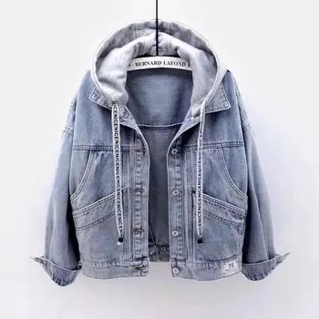 Весна Осень Длинные рукава С капюшоном Женское джинсовое пальто Куртка Корейская Большие Карманы Джинсовая Куртка для Женщин Модные Однобортные Топы XS