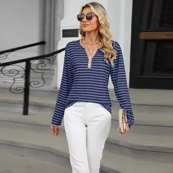 Весна Осень Длинный Рукав Кнопка O Вырез Полосатый Женский Пуловер Футболка Блузка Топ S
