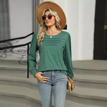 Весна Осень Длинный Рукав О-Образный Вырез Складки Однотонный Повседневный Женский Пуловер Футболка Блузка Топ S синий