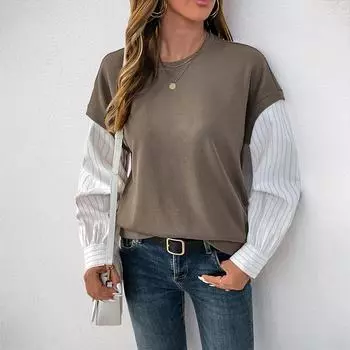 Весна Осень Длинный Рукав О-Образный Вырез Поддельные Две Части Женский Пуловер Футболка Блузка Топ S