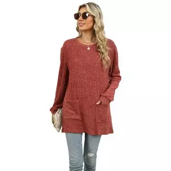 Весна Осень Длинный рукав О-образный вырез Однотонный женский пуловер Футболка Блузка Топ с карманом S красный