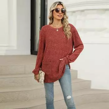 Весна Осень Длинный рукав О-образный вырез Однотонный женский пуловер Футболка Блузка Топ с карманом S красный