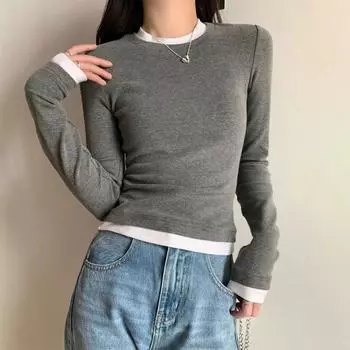 Весна-осень длинный рукав поддельные две части О-образный вырез однотонный тонкий крой футболка топ для женщин XXL чёрный