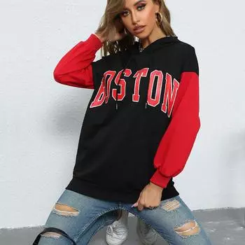 Весна Осень Длинный рукав Пуловер с капюшоном Толстовка Женская мода тонкая толстовка с капюшоном Одежда Повседневная большой буквенный принт Уличная одежда S