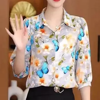 Весна Осень Длинный рукав Застежка на пуговицы Кардиган Женская одежда Отложной воротник Повседневная рубашка с принтом растений и цветов Элегантные топы M чёрный/серый