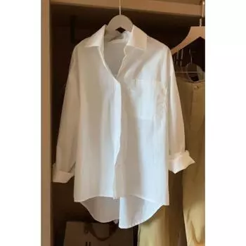 Весна Осень Длинный Рукав Женская Белая Рубашка Свободная Модная Повседневная Простая Офисная Женская Длинная Блузка Топ Ретро Карман Отворот Одежда 2317 S белый