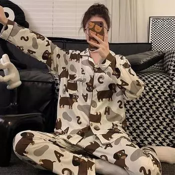Весна Осень Длинный рукав Женский пижамный комплект Милый Такса Принт Хлопок Две части Длинные брюки Свободный M