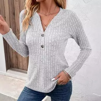 Весна Осень Досуг Удобная Матовая Pit Strip V-образный вырез Длинные рукава Футболка Нижняя часть Верх Футболки Женские S серый