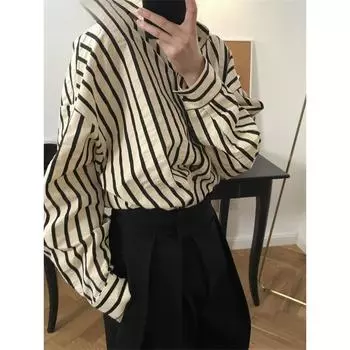 Весна Осень Дворец Винтаж Полосатая Рубашка Женская Отворот Свободный Ленивый Удобный Топ Женский One Size