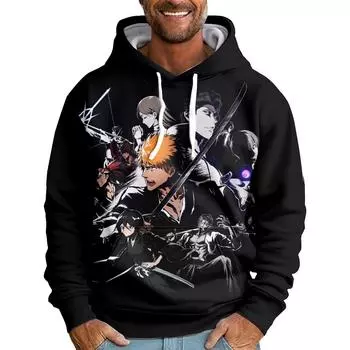 Весна Осень Флис Мужские Толстовки BLEACH Аниме Принт Толстовки Уличная Одежда Свободный Пуловер Повседневные Топы С Капюшоном XS