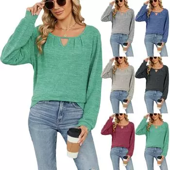 Весна Осень Фонарики Рукав ONeck Однотонный Женский Пуловер Футболка Блузка Топ XXL чёрный