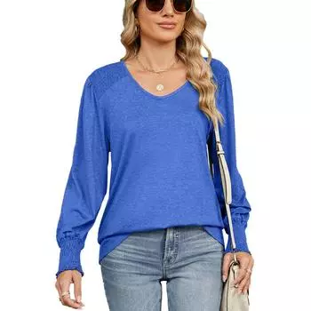 Весна Осень Фонарики Рукав V-образный вырез Однотонный женский пуловер Футболка Блузка Топ S синий