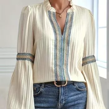 Весна Осень Фонарики Рукава Свободные Простые Кружева Сращивание V-образный вырез Рубашки Блузки и Рубашки S