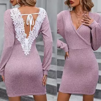 Весна-осень Глубокий V-образный вырез Кружевное Лоскутное Платье Бодкон Женское Длинное Рукав Сексуальное Открытая Спина Бандажное Тонкое Платье Женское Мини Халат S