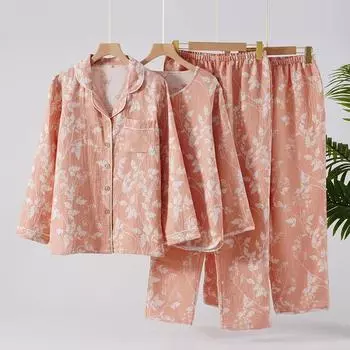 Весна / Осень Хлопчатобумажная жаккардовая пижама Брюки с длинными рукавами Двухслойная пряжа Свободная и мягкая домашняя одежда Комплект из двух предметов M