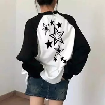 Весна Осень хлопковая футболка с принтом Женская футболка Harajuku с длинным рукавом Повседневная футболка большого размера Женская футболка Y2k Топы Уличная одежда M