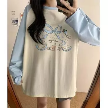 Весна Осень хлопковая футболка с рисунком из мультфильмов Женская контрастная футболка с длинным рукавом Harajuku Повседневная футболка большого размера Femme Y2k Топы M