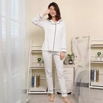 Весна Осень Хлопковая Пижама С Длинными Рукавами Свободная Повседневная Домашняя Одежда Ночная Рубашка Кардиган Брюки Из Двух Частей Пижамы M белый