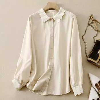 Весна Осень Хлопковые Топы Белая Художественная Блузка для Отдыха Винтажная Однотонная Рубашка Повседневные Простые Универсальные Рубашки M белый